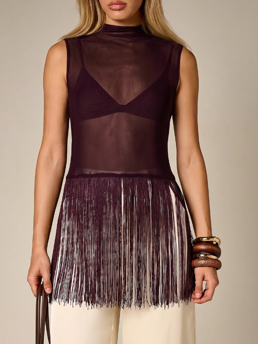 Burgundy Party Women's Slim Fringe Stand Collar Sleeveless Long Tank Top